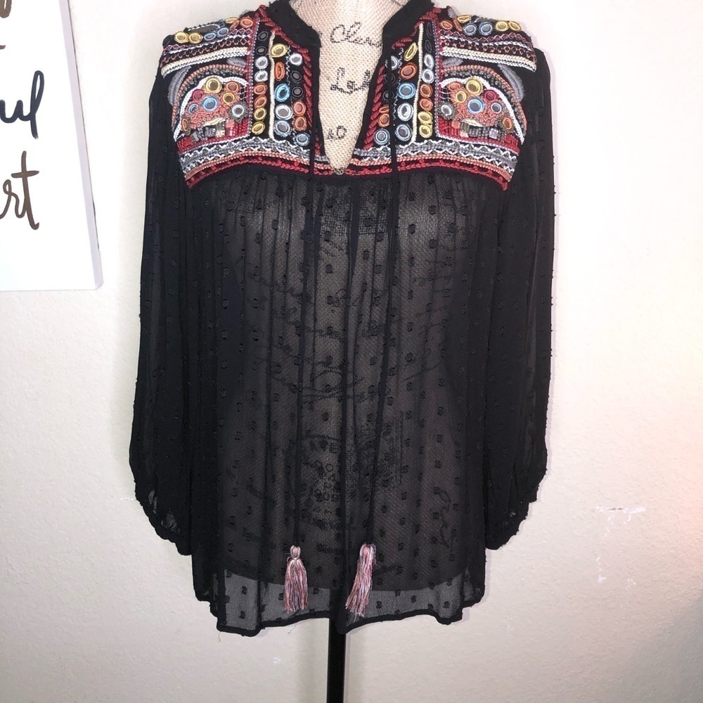 Ivy Jane Black Sheer Polka Dot Blouse with Embroidery & Tassels Size Small